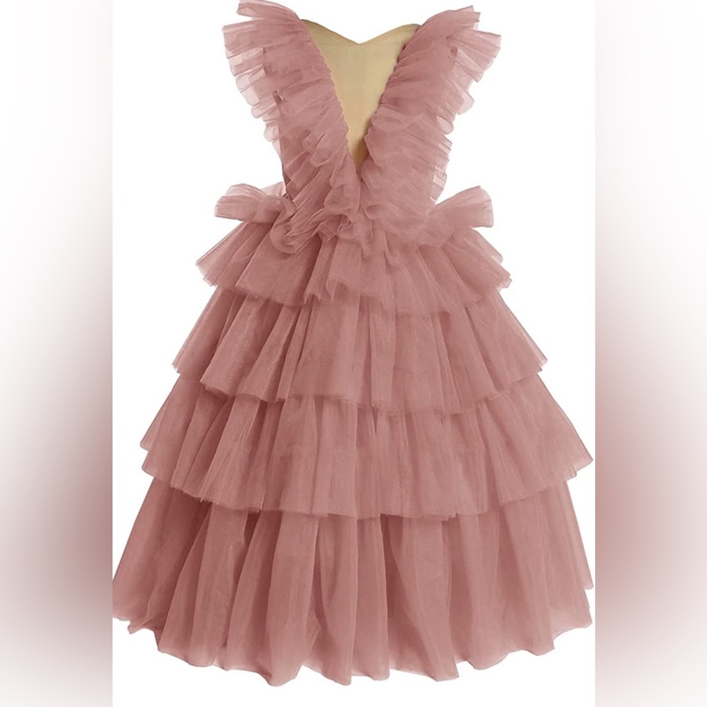 Elegant formal tulle ruffled flower dress in dusty pink